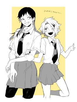 2girls a_nzi_end absurdres boku_no_hero_academia border collared_shirt commentary_request genderswap genderswap_(mtf) grin highres kaminari_denki long_hair looking_at_another monochrome multiple_girls necktie one_eye_closed open_mouth pointing school_uniform sero_hanta shirt short_hair smile socks white_border