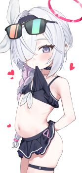 1girl absurdres belly bikini bikini_skirt black_bikini black_choker black_eyes black_hairband blue_archive bow braid breasts choker collarbone colored_inner_hair cowboy_shot eyewear_on_head grey_hair hair_bow hair_over_one_eye hairband halo hanakonenne heart highres loli long_hair multicolored_hair navel pink_hair plana_(blue_archive) red_halo red_pupils ruffle_bikini side_braid simple_background single_braid small_breasts solo stomach sunglasses swimsuit thigh_strap two-tone_hair very_long_hair white_background white_bow