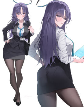1girl alternate_costume ass bag black_bag black_jacket black_pantyhose black_shoes black_skirt blazer blue_archive blue_halo blue_necktie breasts cleavage collared_shirt commentary_request cowboy_shot dress_shirt front_and_back full_body halo hand_on_own_hip highres holding id_card jacket lanyard large_breasts light_blush long_hair long_sleeves looking_at_viewer looking_back loose_necktie multiple_girls necktie office_lady pantyhose parted_lips pencil_skirt purple_eyes purple_hair shirt shoes shougun_(chuckni1) shoulder_bag signature simple_background skirt smile white_background white_shirt yuuka_(blue_archive)