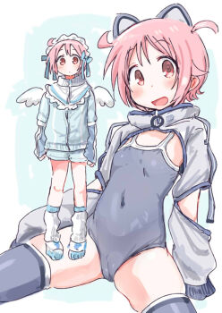 1girl ahoge animal_ears blue_jacket blue_one-piece_swimsuit blue_shorts blue_thighhighs blush cameltoe cat_ears covered_navel flat_chest jacket jersey_maid looking_at_viewer maid multiple_views nonohara_yuzuko one-piece_swimsuit open_mouth pink_eyes pink_hair short_hair shorts swimsuit tatsunokosso thighhighs track_jacket unconventional_maid yuyushiki