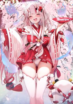 1girl absurdres bell blush cherry_blossoms closed_eyes fang frilled_sleeves frills gluteal_fold gradient_hair grey_hair hair_bun hair_ornament hair_ribbon highres holding hololive horns japanese_clothes jingle_bell kouhaku_nawa long_hair long_sleeves multicolored_hair nakiri_ayame nakiri_ayame_(shrine_maiden) oni open_mouth panties poyoyo_(nakiri_ayame) red_hair ribbon rope shimenawa sidelocks skin-covered_horns solo streaked_hair tassel tassel_hair_ornament terra_bose thighhighs underwear virtual_youtuber white_hair white_panties white_thighhighs wide_sleeves