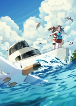 Rule 34 | aqua camisole, ariekochan, bandana, bike shorts, bird, black shorts, blurry, blurry foreground, boat, breasts, brown hair, camisole, cloud, english text, gen 3 pokemon, hat, highres, jacket, leaf (pokemon), long hair, may (pokemon), medium breasts, miniskirt, nintendo, ocean, pokemon, pokemon (creature), pokemon frlg, pokemon rse, red bandana, red jacket, red skirt, shorts, skirt, standing, swablu, titanic (movie), water, watercraft, white hat, wingull, yuri