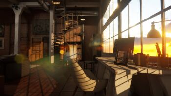 3d amano_pikamee bicycle blurry blurry_background cabinet ceiling_light chair computer couch cup desk desk_lamp gyari_(imagesdawn) highres indoors industrial lamp lens_flare mug no_humans official_art painting_(object) pen_holder photo_(object) picture_frame pillar spiral_staircase stairs still_life sunset voms window