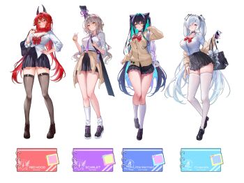 4girls absurdres alternate_costume aqua_hair asymmetrical_legwear bag black_choker black_hair black_shoes black_skirt bow bowtie breasts cela_(akeeeeee675) cellphone character_charm charm_(object) choker cinderella_(nikke) cleavage closed_mouth clothes_around_waist collared_shirt colored_inner_hair commentary_request drink_carton full_body goddess_of_victory:_nikke grey_hair grey_thighhighs hair_between_eyes hair_ornament hair_over_one_eye hairclip hand_on_own_hip highres holding holding_bag holding_milk_carton holding_phone horns kneehighs korean_commentary large_breasts little_mermaid_(nikke) loafers long_hair long_sleeves looking_at_viewer milk_carton multicolored_hair multiple_girls necktie parted_lips phone pleated_skirt purple_necktie red_bow red_bowtie red_eyes red_hair red_hood_(nikke) red_scarf scarf scarlet_(nikke) school_bag school_uniform shirt shoes simple_background skirt smartphone smile socks standing thighhighs thighs uneven_legwear very_long_hair white_background white_hair white_shirt white_socks white_thighhighs yellow_eyes zettai_ryouiki