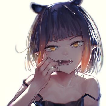 1girl absurdres advarcher black_dress blunt_bangs dress gradient_hair hand_to_own_mouth highres hololive hololive_english mole mole_under_eye multicolored_hair ninomae_ina'nis off_shoulder open_mouth orange_hair pointy_ears purple_hair simple_background solo teeth tentacle_hair virtual_youtuber white_background yellow_eyes