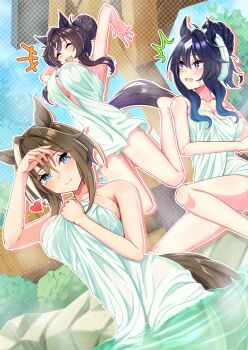 3girls animal_ears bare_shoulders blue_eyes blue_hair blush breasts brown_hair cheval_grand_(umamusume) closed_eyes closed_mouth comiket_107 commentary_request hair_between_eyes hair_bun heart highres horse_ears horse_girl horse_tail large_breasts long_hair mole mole_under_eye multicolored_hair multiple_girls naked_towel onsen open_mouth smile streaked_hair tail towel towel_on_head umamusume v_sisters verxina_(umamusume) vivlos_(umamusume) water white_hair zenrakishi