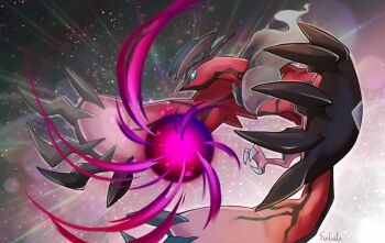 bright_pupils claws commentary_request energy_ball flying gen_6_pokemon green_eyes highres legendary_pokemon nintendo no_humans pokemon pokemon_(creature) pokemon_focus signature solo taketori_subalu talons white_pupils yveltal