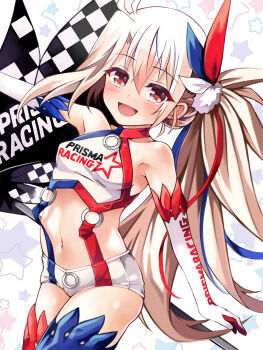 1girl asymmetrical_legwear bare_shoulders blue_hair blue_thighhighs blush breasts commentary_request detached_sleeves elbow_gloves fate/kaleid_liner_prisma_illya fate_(series) flag gloves hair_between_eyes hair_ornament halterneck highres illyasviel_von_einzbern illyasviel_von_einzbern_(type-moon_racing) long_hair looking_at_viewer mismatched_legwear mochi_(k620803n) multicolored_hair navel o-ring open_mouth ponytail race_queen red_eyes red_hair red_thighhighs revision short_shorts shorts sidelocks small_breasts smile solo stomach streaked_hair suspenders thighhighs thighs very_long_hair white_gloves white_hair white_shorts