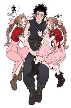 1boy 2girls aerith_gainsborough arm_hug black_hair blue_eyes boots bow braid braided_ponytail buttons clone_harem commentary_request cropped_jacket dress dual_persona final_fantasy final_fantasy_vii final_fantasy_vii_remake green_eyes hair_bow highres huosheanng jacket multiple_girls pink_bow pink_dress red_jacket spiked_hair translation_request zack_fair