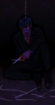 1boy bammm black_background black_hair black_jacket black_pants boku_dake_ga_inai_machi collared_shirt commentary_request dark full_body jacket male_focus necktie pants red_necktie scissors shirt short_hair sitting smile solo spoilers thread yashiro_gaku