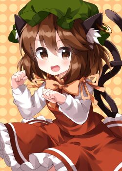1girl :d animal_ear_fluff animal_ear_piercing animal_ears blush bow bowtie breasts brown_eyes brown_hair cat_ears cat_tail chen commentary_request cowboy_shot gold_trim green_hat hair_between_eyes halftone halftone_background hands_up hat highres jewelry long_sleeves looking_at_viewer medium_hair mob_cap multiple_tails nekomata one-hour_drawing_challenge open_mouth orange_background orange_bow orange_bowtie orange_ribbon paw_pose petticoat red_skirt red_vest ribbon ruu_(tksymkw) skirt small_breasts smile solo tail touhou two_tails vest wind wind_lift