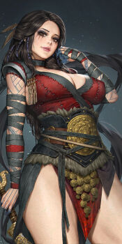 1girl arm_tattoo black_hair breasts brown_eyes collar detached_collar dress eyelashes eyeshadow feather_hair_ornament feathers freya_(god_of_war) god_of_war god_of_war_ragnarok grey_collar hair_ornament highres holding holding_sword holding_weapon large_breasts makeup mature_female neoartcore paid_reward_available parted_lips patreon_username pelvic_curtain red_dress runny_makeup solo sword tattoo weapon