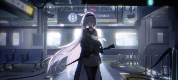 1girl absurdres arrow_(symbol) black_choker black_coat black_hairband black_sailor_collar black_serafuku black_umbrella blue_archive blue_pupils blush bollard bow braid cable chair chinese_commentary choker coat colored_inner_hair commentary_request diffraction_spikes feet_out_of_frame floating_hair grey_eyes hair_over_one_eye hair_tie hairband halo hazard_stripes heterochromia highres holding holding_umbrella incredibly_absurdres industrial_pipe lens_flare long_hair long_sleeves looking_at_viewer multicolored_hair neckerchief off_shoulder pillar pink_hair pink_halo plana_(blue_archive) red_halo red_pupils reiami ribbon sailor_collar school_uniform screen security_camera serafuku sign single_braid skirt sleeve_cuffs solo tactile_paving tile_floor tiles train train_station umbrella umbrella_gun very_long_hair waiting white_hair white_neckerchief white_ribbon