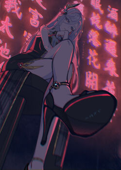 1girl absurdres alternate_costume black_dress black_shoes breasts china_dress chinese_clothes chinese_text crossed_legs dress earrings eyeshadow foreshortening from_below genshin_impact grey_hair hair_between_eyes hair_ornament hand_on_own_face high_heels highres jewelry large_breasts long_hair looking_at_viewer maegjuw makeup purple_eyes red_eyeshadow shenhe_(genshin_impact) shoes signature sitting sleeveless sleeveless_dress solo stool very_long_hair