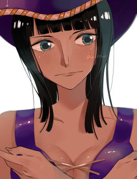 1girl absurdres artist_name bare_shoulders black_hair blue_eyes blush breasts center_opening cleavage commentary_request cowboy_hat dark-skinned_female dark_skin hat highres large_breasts long_hair nico_robin one_piece solo spica_(spica5f9ea0) twitter_username