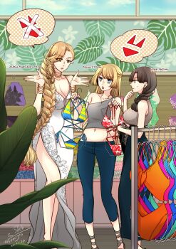 3girls absurdres bikini black_hair blonde_hair blue_eyes braid breasts character_name denim doppelganger dress elf flat_chest green_eyes groin height height_difference heterochromia highres hip_bones irene_(ricky_barnes) jeans large_breasts long_bangs lowleg lowleg_pants maya_(ricky_barnes) multiple_girls navel original pants pointy_ears purple_eyes shop skinny_dipping swimsuit takemiya_jin tall_female white_dress
