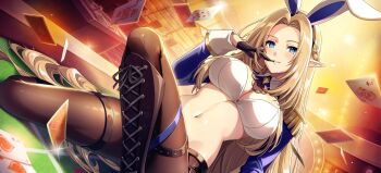 1girl alpha_(kage_no_jitsuryokusha_ni_naritakute!) blonde_hair blue_eyes breasts cleavage highres kage_no_jitsuryokusha_ni_naritakute! large_breasts long_hair midriff navel official_art pointy_ears rabbit_ears solo