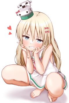 1girl absurdres barefoot blonde_hair dress grecale_(kancolle) green_eyes grin hair_ornament hairclip hands_on_own_face hat highres kantai_collection long_hair looking_at_viewer low-cut_armhole mini_hat neckerchief one-hour_drawing_challenge parted_lips sailor_collar sailor_dress side-tie_dress simple_background sleeveless sleeveless_dress smile solo squatting striped_neckerchief teeth tiemu_(man190) v wavy_hair white_background white_dress white_sailor_collar