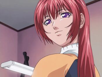 00s 1girl 2002 animated animated_gif anime_screenshot bible_black bible_black_gaiden desk_lamp lamp long_hair purple_eyes red_hair smile solo sweater tagme takashiro_hiroko turtleneck turtleneck_sweater