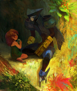 Rule 34 | 1boy, 1girl, android, arm cannon, armor, asagi marin, bare shoulders, barefoot, brigadoon, brown hair, cave, colored skin, day, dress, closed eyes, food, green dress, grey skin, medium hair, melan blue, onigiri, outdoors, plant, sitting, weapon, yuza