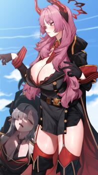 2girls absurdres armband black_gloves black_halo black_jacket black_shirt black_skirt black_thighhighs blue_archive blush breasts brown_eyes cleavage closed_eyes demon_horns garter_straps gloves grey_hair halo highres horns jacket large_breasts long_hair looking_at_another makoto_(blue_archive) mole mole_on_breast multicolored_jacket multiple_girls necktie onbawa open_mouth pink_hair pointy_ears red_armband red_halo red_jacket red_necktie red_thighhighs satsuki_(blue_archive) shirt skirt thighhighs thighs two-tone_jacket very_long_hair wavy_hair