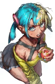 1girl akebwanwan angry aqua_eyes bandeau breasts canari_(pokemon) clenched_teeth collarbone commentary_request holding holding_poke_ball jacket light_blush looking_at_viewer looking_up messy_hair multicolored_hair nail_polish nintendo off_shoulder poke_ball poke_ball_(basic) pokemon pokemon_legends:_z-a skirt solo teeth twintails white_background yellow_bandeau yellow_jacket yellow_nails