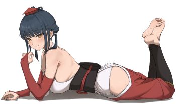 1girl absurdres barefoot black_hair blush breasts bridal_gauntlets clothing_cutout commentary_request feet from_side hat highres hip_vent kaekae_kaeru large_breasts light_smile looking_at_viewer lying medium_hair nijisanji obi on_stomach sash sideboob simple_background soles solo toes tokin_hat virtual_youtuber white_background yamagami_karuta yamagami_karuta_(1st_costume) yellow_eyes