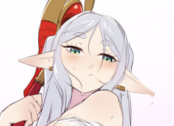 1girl bare_shoulders blush closed_mouth commentary earrings elf frieren green_eyes grey_hair highres holding jewelry long_hair looking_at_viewer parted_bangs pointy_ears pudgeruffian simple_background solo sousou_no_frieren staff sweat twintails white_background