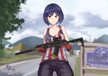 1girl ak-47 alternate_costume american_flag american_flag_print american_flag_shirt assault_rifle bad_id bad_pixiv_id bare_shoulders black_bra black_pants blue_hair bra breasts cleavage cowboy_shot day far_cry far_cry_5 female_focus flag_print gloves gun kalashnikov_rifle looking_at_viewer medium_breasts nijisanji outdoors pants print_shirt red_gloves rifle scope shirt shiunnkaku shizuka_rin short_hair signature smile solo tank_top trigger_discipline underwear virtual_youtuber weapon yellow_eyes