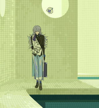 Rule 34 | 1boy, arms behind back, black gloves, black shirt, black shoes, blue hair, blue socks, collared shirt, commentary, dream pool, frown, ghost, gloves, grey eyes, half-jacket, highres, holding, holding suitcase, hoshirube sho, hoshirube sho (1st costume), iridescent clothes, jacket, liminal space, long hair, looking down, male focus, moku (kedr2558), multicolored hair, nijisanji, otomo (hoshirube sho), overskirt, pants, pool, purple hair, reflection, shirt, shoes, socks, solo, streaked hair, suitcase, tile floor, tile wall, tiles, virtual youtuber, white jacket, white pants