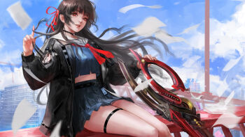 1girl absurdres arm_cutout black_choker black_hair black_jacket black_serafuku black_shirt black_skirt blue_sky breasts chisa_(wuthering_waves) choker clothing_cutout commentary crop_top darkyo07 day english_commentary hair_ribbon highres holding holding_sword holding_weapon jacket long_hair long_sleeves medium_breasts mole mole_under_eye neckerchief parted_lips red_eyes red_neckerchief red_ribbon ribbon sailor_collar school_uniform serafuku shirt sitting skirt sky solo sword tacet_mark_(wuthering_waves) thigh_strap weapon white_sailor_collar wuthering_waves
