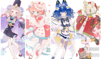 &gt;_o 4girls :d ;d absurdres animal_ears apple asymmetrical_legwear bai_xiong_nailaojuan black_hat black_kimono blue_eyes blue_hair blunt_bangs brown_sandals cake cake_slice cat_ears cat_girl cat_tail checkerboard_cookie closed_mouth cookie double-parted_bangs dress feet_out_of_frame food foot_out_of_frame fruit geta green_eyes green_hair grey_hair hair_between_eyes hand_up haori hat highres holding holding_food holding_fruit hood hood_down hoodie japanese_clothes kimono long_hair long_sleeves looking_at_viewer mihuashi_username multiple_girls one_eye_closed open_clothes open_hoodie open_mouth orange_hair original pink_eyes red_hoodie red_skirt sandals short_hair simple_background skirt sleeves_past_fingers sleeves_past_wrists smile socks standing standing_on_one_leg tail thighhighs uneven_legwear white_background white_dress white_socks white_thighhighs wide_sleeves