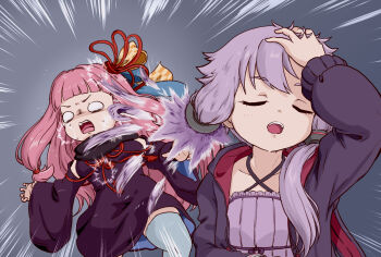 2girls blue_thighhighs closed_eyes commentary_request detached_sleeves dress emphasis_lines frown grey_background hand_in_own_hair hitting jacket kotonoha_akane long_sleeves meme multiple_girls naoya_hitting_choso_without_looking_(meme) no_pupils open_mouth purple_dress purple_jacket sakana_(syake) simple_background standing sweat teeth thighhighs tongue upper_teeth_only voiceroid yuzuki_yukari