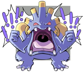 ! !! absurdres clenched_hand dated destinywebgio exploud gen_3_pokemon highres looking_at_viewer nintendo no_humans open_mouth pokemon pokemon_(creature) red_eyes shouting tongue uvula