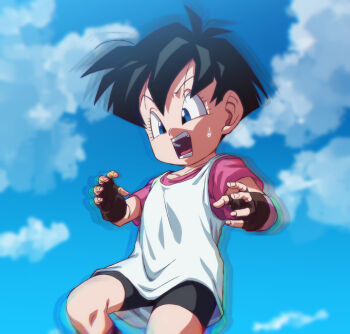 1girl aged_down bike_shorts black_gloves black_hair blue_eyes blue_sky child cloud commentary_request day dragon_ball dragon_ball_daima dragonball_z fingerless_gloves gloves open_mouth outdoors pink_shirt rom_(20) shirt short_hair sky solo teeth videl
