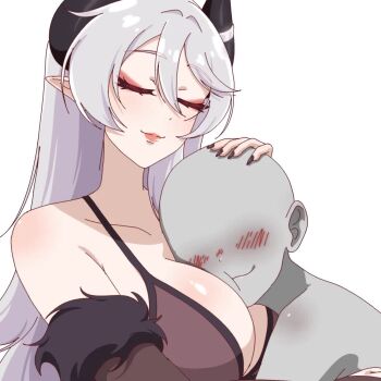 ahyra animated black_nails blush breasts breathing cleavage fingernails happy head_on_chest head_pat highres horns indie_virtual_youtuber large_breasts laying_on_breasts lipstick long_fingernails makeup original pointy_ears red_lips simple_background tagme usagi_chin video virtual_youtuber white_background white_hair