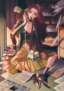1girl absurdres ankle_socks antique_phone black_shirt black_socks blue_eyes book bookshelf breasts brown_shoes checkered_floor cleavage closed_mouth coat commentary dress_shoes english_commentary expressionless eyelashes eyeshadow falling_paper fingernails forehead full_body green_coat head_tilt high-waist_skirt highres hiruna holding holding_phone indoors knees_apart_feet_together lamp lipstick long_hair long_sleeves makeup medium_skirt newspaper on_floor open_clothes open_coat original paper_stack phone pink_eyeshadow pleated_skirt red_hair red_lips rotary_phone shirt shoes sitting skirt small_breasts socks solo study_(room) talking_on_phone thick_eyebrows very_long_hair wavy_hair yellow_skirt