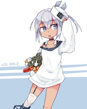 1girl character_name commentary dace_(kancolle) dixie_cup_hat english_commentary feet_out_of_frame fish garter_straps grey_eyes grey_hair hat kantai_collection military_hat shirt side_ponytail single_garter_strap single_thighhigh sleeves_past_wrists solo stuffed_animal stuffed_fish stuffed_toy suikun swimsuit swimsuit_under_clothes tan thighhighs torpedo white_hat white_shirt white_thighhighs