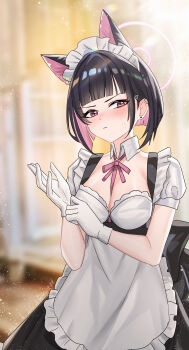 1girl :| absurdres adjusting_clothes adjusting_gloves alternate_costume anger_vein animal_ears apron backlighting black_hair black_skirt blue_archive blunt_bangs blunt_ends blurry blurry_background blush bob_cut bow bowtie breasts cat_ears cat_girl cleavage closed_mouth colored_inner_animal_ears colored_inner_hair commentary_request cowboy_shot detached_collar earclip earrings enmaided extra_ears frilled_apron frills frown gloves hair_behind_ear hair_ornament hairclip hands_up highres indoors jewelry kazusa_(blue_archive) looking_at_viewer maid maid_apron maid_headdress medium_breasts multicolored_hair pink_bow pink_bowtie pink_hair pink_ribbon red_eyes ribbon ribbon_between_breasts shangdi_de_fa_zhang short_hair skirt solo stud_earrings tsurime two-tone_hair v-shaped_eyebrows white_apron white_gloves