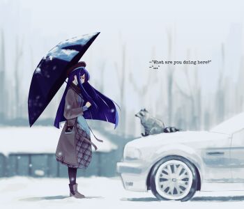 Rule 34 | 1girl, 1other, absurdres, bag, blue sweater, blurry, blurry background, boots, car, doki doki literature club, dress, english text, from side, full body, grey boots, grey dress, grey sky, hat, highres, holding, holding umbrella, long hair, long sleeves, looking at another, motor vehicle, outdoors, purple hair, purple umbrella, raccoon, red hat, shoulder bag, sky, snow, standing, sweater, talking, typewriter key, umbrella, wensday illus, yuri (doki doki literature club)