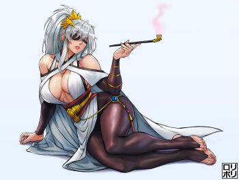1girl ahoge bare_shoulders blue_eyes breasts center_opening cleavage colored_smoke commentary english_commentary eyepatch feet fingernails hair_ornament hand_on_floor highres holding holding_smoking_pipe huge_breasts jamrolypoly long_hair looking_at_viewer messy_hair mole mole_under_eye on_floor original pink_lips red_nails revealing_clothes seductive_smile shiny_skin signature smile smoke smoking_pipe solo stirrup_legwear thick_thighs thighs toeless_legwear tsukimi_(white_nova) very_long_hair white_background white_hair