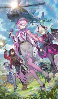 Rule 34 | 3boys, 3girls, aircraft, antlers, black dress, black hands, blue sky, blush, breasts, colored extremities, commentary request, crossed bangs, dante alighieri (fate), demon girl, demon horns, demon wings, dress, earrings, fate/grand order, fate (series), flower, game cg, green eyes, green hair, grey hair, hair between eyes, hair over one eye, helicopter, hitokoto, horns, indra (fate), jewelry, large breasts, lilith (fate), long hair, looking at viewer, louhi (fate), mash kyrielight, medium breasts, multiple boys, multiple girls, official alternate costume, official art, open mouth, pink hair, pointy ears, purple dress, purple eyes, short hair, sky, small breasts, smile, third-party source, toudou heisuke (fate), twintails, very long hair, wings