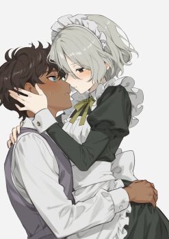 Rule 34 | 2boys, black eyes, black hair, blue eyes, blush, crossdressing, crossdressing (mtf), dark-skinned male, dark skin, dungeon meshi, grey hair, hand on another's head, hand on another's hip, highres, kabru, maid, male focus, male maid, mayomayoland, mithrun, multiple boys, sitting, sitting on lap, sitting on person, trap, yaoi