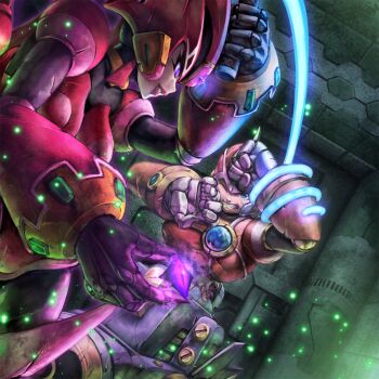 1boy 1girl aile_(mega_man_x:_command_mission) android armor armored_bodysuit armored_gloves artist_request breasts capcom energy_whip ferham_(mega_man) gem gem_on_head glowing glowing_eyes glowing_weapon glowing_whip helmet highres holding holding_gem holding_weapon holding_whip humanoid_robot large_breasts mechanical_arms mechanical_wings mega_man_(series) mega_man_x:_command_mission mega_man_x_(series) muna-ge non-web_source official_art pink_armor purple_eyes robot robot_girl smile source_request standing teppen weapon whip winged_helmet wings