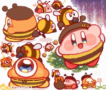 Rule 34 | antennae, arm up, artist name, bee, bee costume, black hat, black pants, blue eyes, brown eyes, bug, closed eyes, closed mouth, commentary, crossover, fake antennae, flower, flying, grass, hat, heart, highres, honeypot, insect, insect wings, kirby, kirby (series), looking at viewer, looking up, lying, mario (series), multiple views, nintendo, no humans, on stomach, open mouth, pants, pink flower, purple flower, sleeping, smile, standing, stingby, stinger, striped clothes, striped pants, symbol-only commentary, tokkakyou, two-tone pants, waddle dee, waddle doo, waving, wings, wisteria, yellow pants, zzz