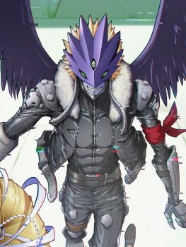 1boy 1girl abs bandana bandana_around_arm beelzebumon beelzebumon_blast_mode black_jacket black_pants black_shirt black_wings blonde_hair commentary_request digimon digimon_story:_time_stranger feathered_wings glitch green_eyes highres jacket pants parted_lips red_bandana shiny_hazel shirt short_hair skin_tight smirk solo_focus third_eye wings