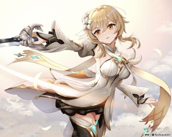 1girl absurdres armpits artist_name bare_shoulders blonde_hair breasts brown_thighhighs cloud cloudy_sky commentary cowboy_shot detached_sleeves dress english_commentary favonius_sword_(genshin_impact) flower genshin_impact hair_flower hair_ornament hair_ribbon highres holding holding_sword holding_weapon long_sleeves looking_at_viewer lumine_(as_heaven_and_earth_are_made_anew)_(genshin_impact) lumine_(genshin_impact) medium_breasts mixed-language_commentary official_alternate_costume parted_lips pointing_melee_weapon pointing_sword ribbon ryo-suzuki short_hair_with_long_locks sky solo sword thighhighs weapon white_dress yellow_eyes