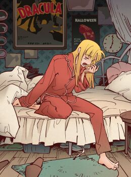 1girl analog_clock barefoot blanket blonde_hair clock closed_eyes dracula_(1931) halloween_(movie) highres indoors korean_commentary long_hair movie_poster on_bed open_mouth original pajamas pillow postiago red_pajamas rug sitting slippers solo table unworn_slippers waking_up wooden_floor yawning