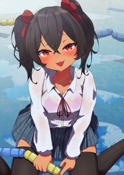 1girl black_thighhighs blue_skirt blush bow character_request collared_shirt copyright_request crossed_bangs dark-skinned_female dark_skin eyelashes fang hair_bow highres long_sleeves looking_at_viewer open_mouth red_bow red_eyes see-through_clothes see-through_shirt shirt sitting skirt solo swimsuit swimsuit_under_clothes thighhighs timtama_(timrj000) wariza water webp-to-png_conversion wet wet_clothes wet_shirt