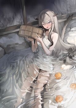 1girl absurdres animal_ears bare_shoulders bird blush brown_hair bucket cat_ears cat_girl cat_tail duck food fruit gradient_hair highres indie_virtual_youtuber long_hair looking_at_viewer multicolored_hair naked_towel nose_blush onsen orange_(fruit) purple_eyes ripples seorang seorang_(vtuber) solo tail tail_raised towel v-shaped_eyebrows virtual_youtuber water wooden_bucket